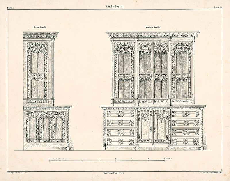 Storno, Franz | Návrh na knižnicu (z cyklu Gewerbe Kunstblatt) | Displayed motifs: Door, Building, Furniture, 