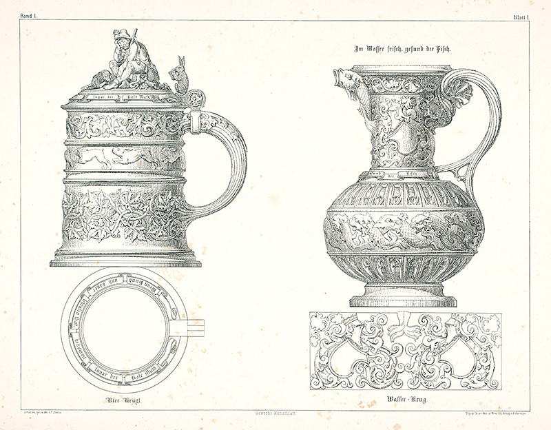 Storno, Franz | Návrh na nádoby (z cyklu Gewerbe Kunstblatt) | Displayed motifs: Coat of arms, Jug, Tableware, Mug, 