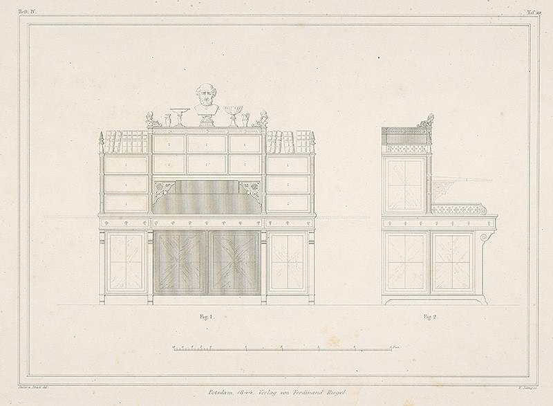 Jättnig, Ferdinand, Stüler, Friedrich August, Strack, Johann Heinrich | Návrh na skriňu | Displayed motifs: Furniture, Human face, Window, 