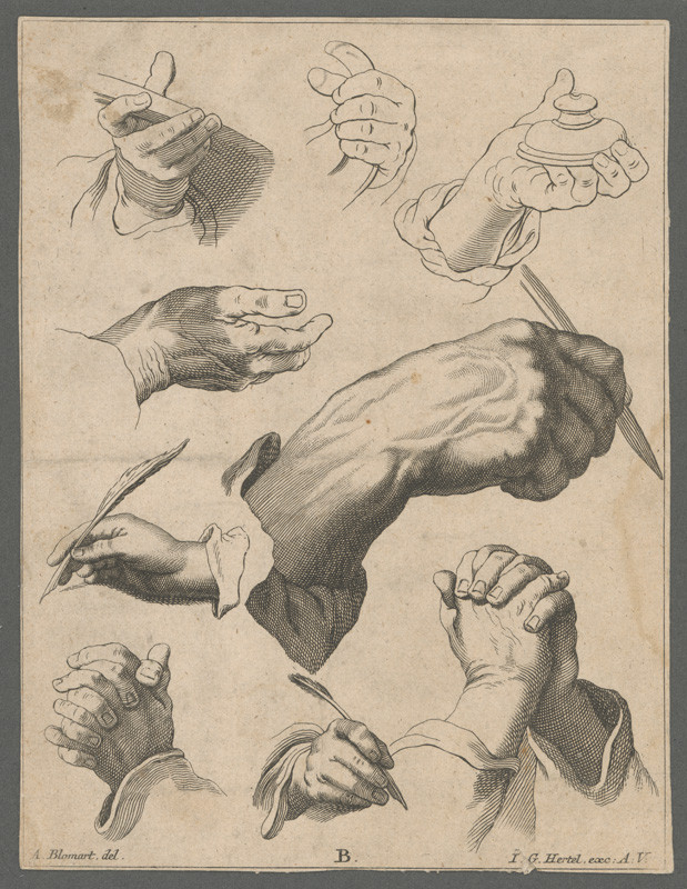 Bloemaert, Abraham, Hertel, Johann Georg | Štúdie rúk (z albumu Artis Apellae liber) | Displayed motifs: White dove, Human hand, Animal, Person, Human face, Duck, 