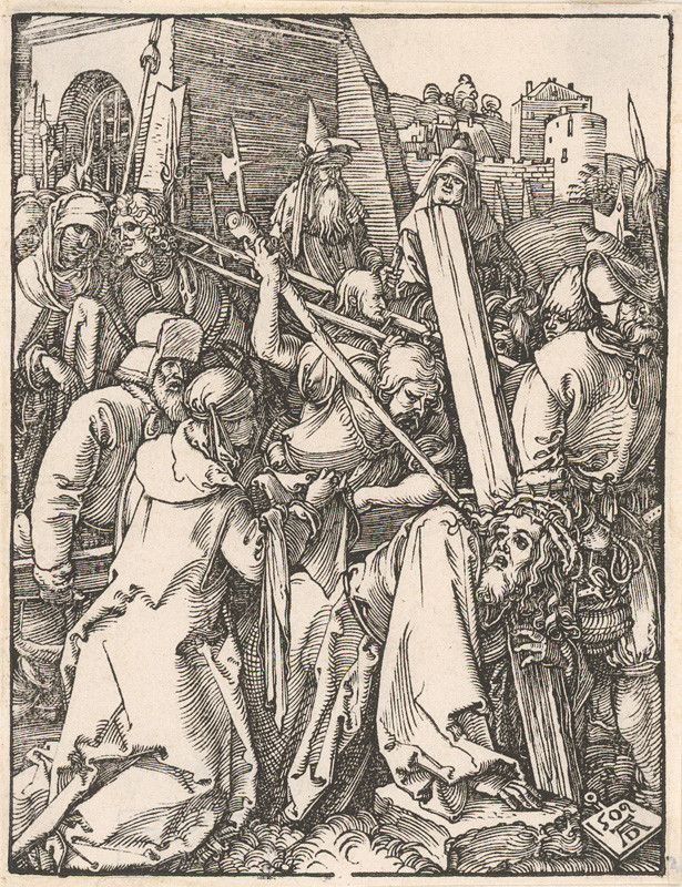 Dürer, Albrecht | Kristov pád pod krížom | Displayed motifs: Thorn crown, Human face, Clothing, Person, Coat of arms, Man, 