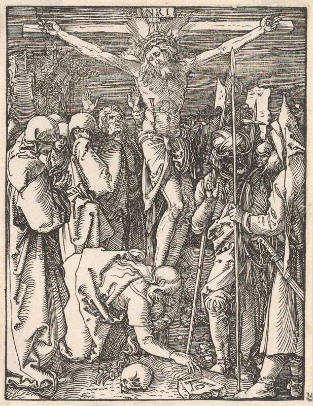 Dürer, Albrecht | Oplakávanie ukrižovaného | Displayed motifs: Thorn crown, Wound, Person, Clothing, Halo, Man, Human face, 