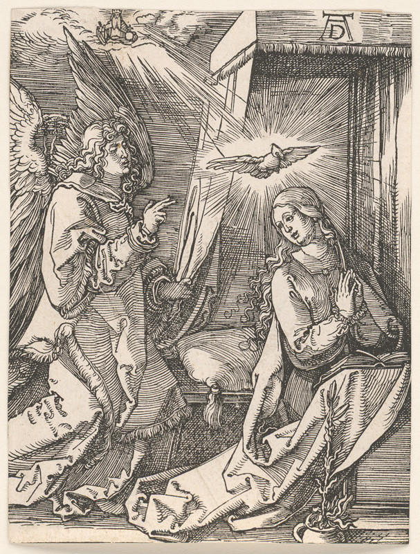 Dürer, Albrecht | Zvestovanie | Displayed motifs: White dove, Human face, Angel, Person, Clothing, Woman, Man, 