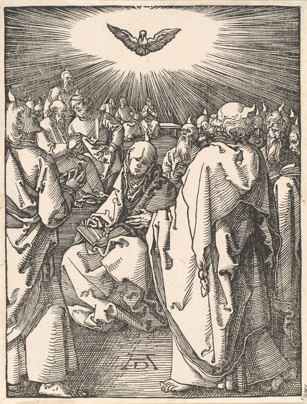 Dürer, Albrecht | Zoslanie Ducha svätého | Displayed motifs: White dove, Veil, Clothing, Person, Human face, 