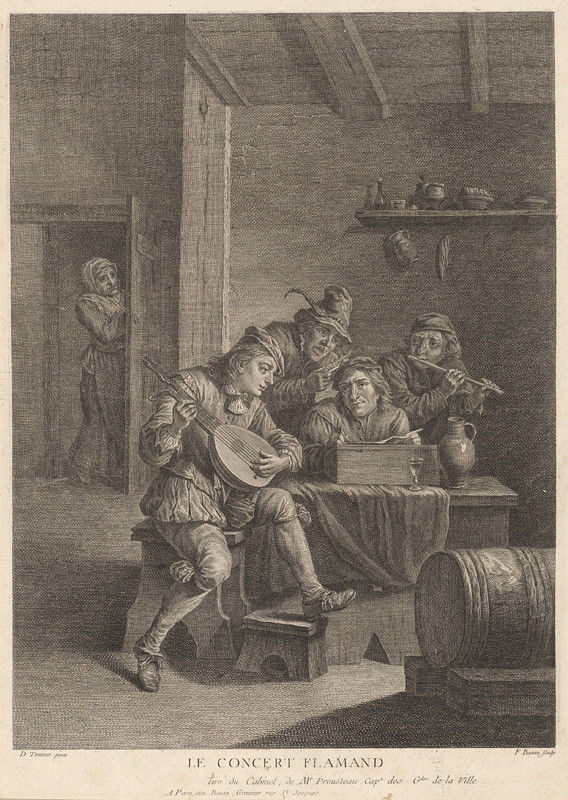 Basan, Pierre Francois, Teniers, David | Flámsky koncert | Displayed motifs: Man, Barrel, Footwear, Human face, Person, Clothing, 