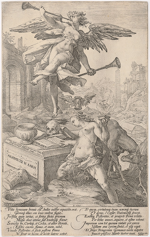 Goltzius, Hendrick | Fáma a História. Alegória na znovuzrodenie cnosti. | Displayed motifs: Angel, Skull, Person, Clothing, Man, Putto, Human face, 