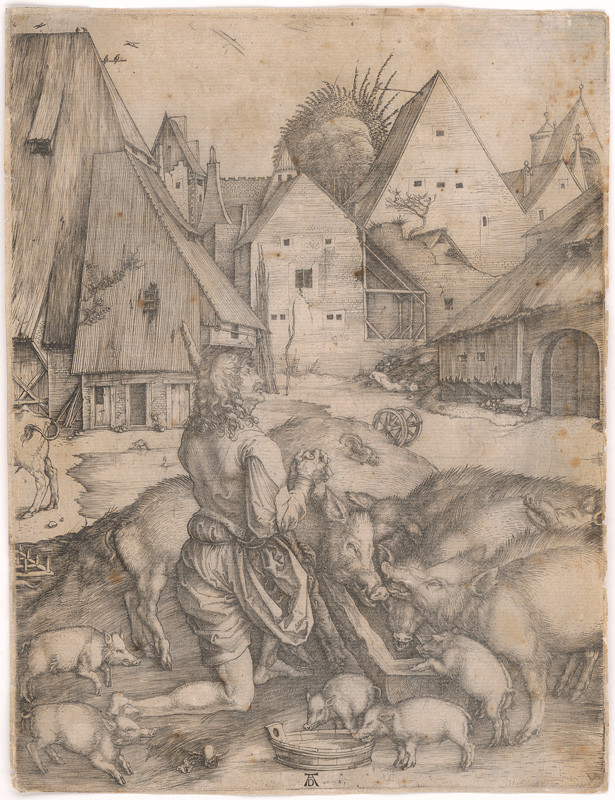 Dürer, Albrecht | Stratený syn | Displayed motifs: Pig, Animal, Putto, House, Person, Tree, Building, 