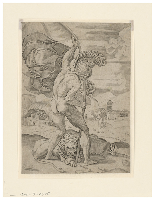 Musi, Agostino | Samson a lev | Displayed motifs: Person, Clothing, Thorn crown, Human face, Putto, 