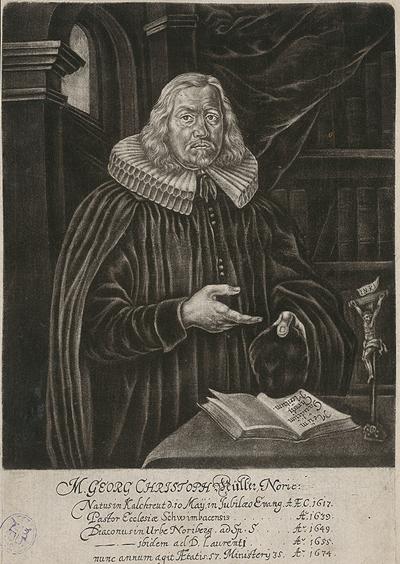Fenitzer, Georg, Fenitzer, Michael | Podobizeň M.Georga Krištofa Müllera z Norimberka | Displayed motifs: Clothing, Human face, Man, Giraffe, Coat of arms, Latin cross, Halo, 