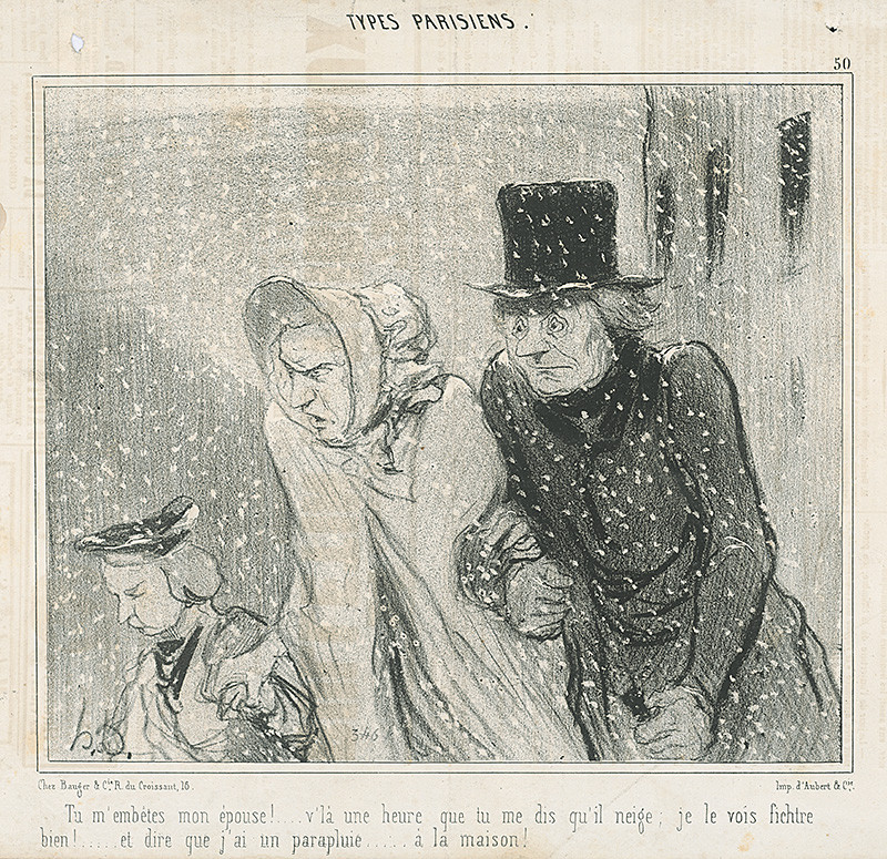 Daumier, Honoré | Zima (Otravuješ ma, žena moja!) | Displayed motifs: Hat, Clothing, Human face, Man, Person, Putto, Thorn crown, 