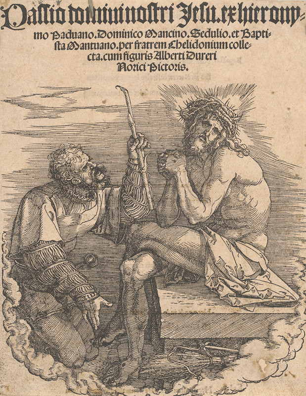 Dürer, Albrecht | Ecce homo | Displayed motifs: Halo, Coat of arms, Thorn crown, Person, Human face, Clothing, Man, 