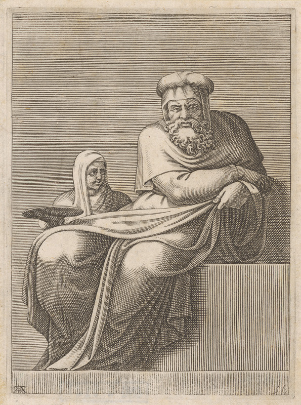 Scultori, Adamo | Starec a žena | Displayed motifs: Veil, Human face, Clothing, Man, Person, 