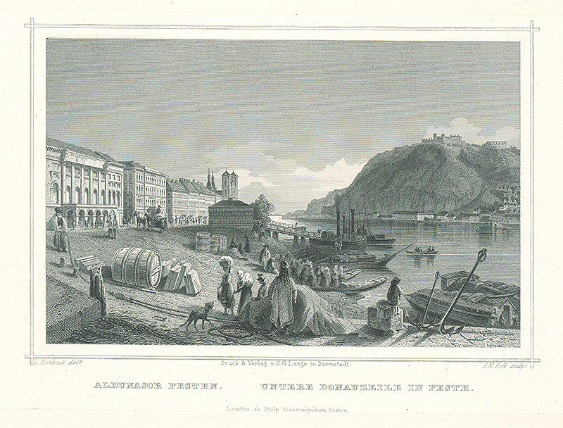 Rohbock, Ludwig, Kolb, Joseph Maximilian | Prístav v Pešti | Displayed motifs: Boat, Building, Latin cross, Barrel, Tree, Mammal, Clothing, 