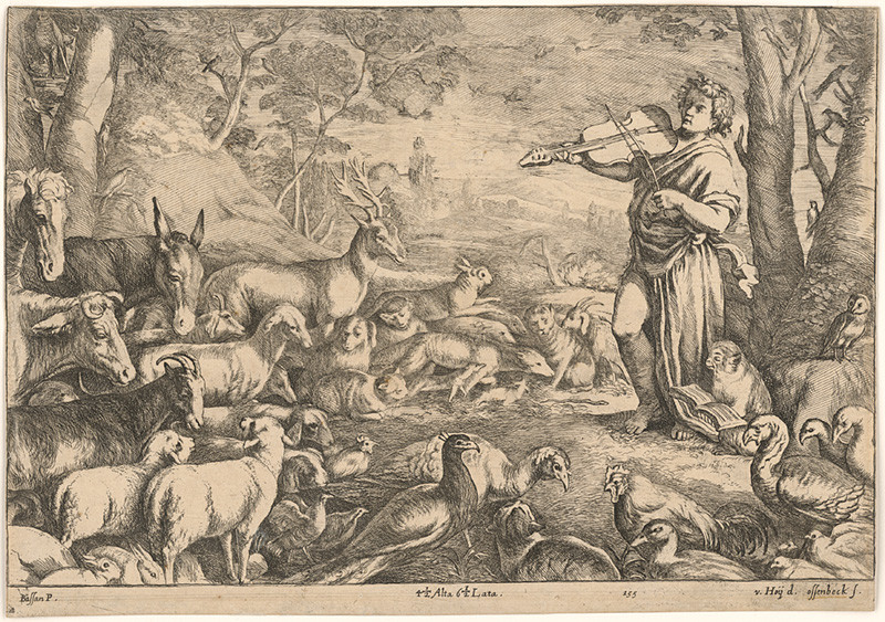 Ossenbeck, Hoy, Basan, Pierre Francois, Ossenbeck, Jan van, Hoy, Nikolaus van | Orfeus a zvieratá | Displayed motifs: Latin cross, Animal, Person, Violin, Bird, Chicken, Cattle, 