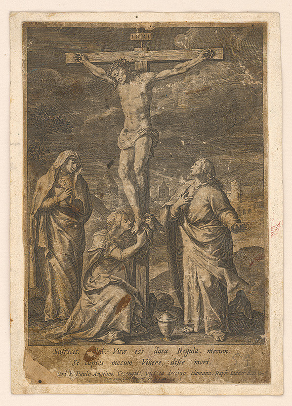 Sadeler, Marcus, Cesenati, Paulo Angelmo | Ukrižovanie | Displayed motifs: Veil, Crucifixion, Person, Wound, Thorn crown, Clothing, 