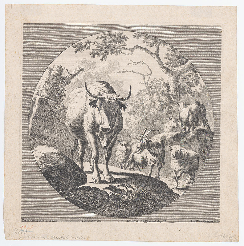 Ridinger, Johann Elias, Roos, Johann Heinrich | Lesné zátišie s rožným statkom | Displayed motifs: Bull, Animal, Cattle, 