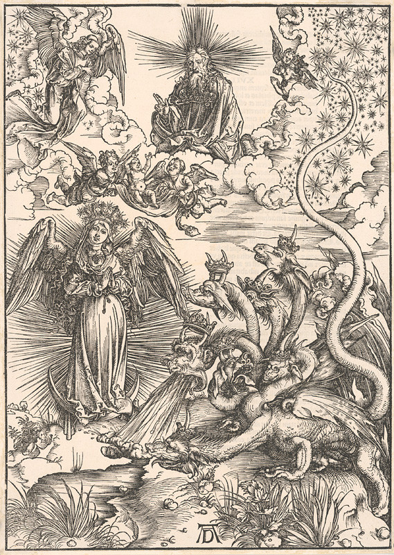 Dürer, Albrecht | Nebeská žena a 7-hlavý drak | Displayed motifs: Angel, White dove, Clothing, Woman, Person, Human face, 