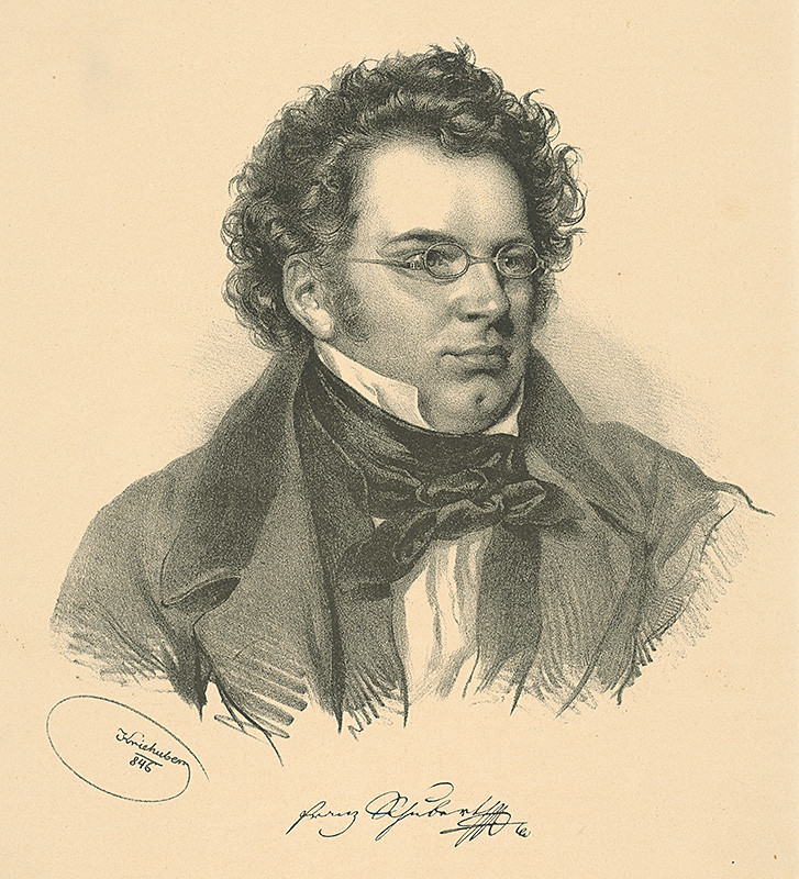 Kriehuber, Joseph, Kreihuber, Jozef | Franz Schubert | Displayed motifs: Human face, Clothing, Glasses, Man, Halo, Woman, Coat of arms, 