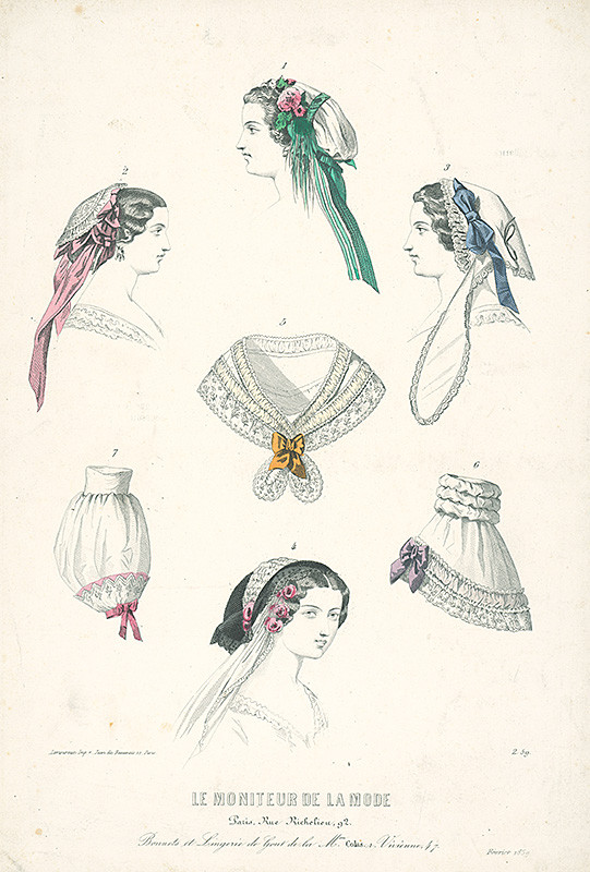 David, Jules, Revillez, Réville | List z módneho časopisu Le Moniteur de la Mode  | Displayed motifs: Human face, White dove, Woman, Dress, Butterfly, Flower, Clothing, 