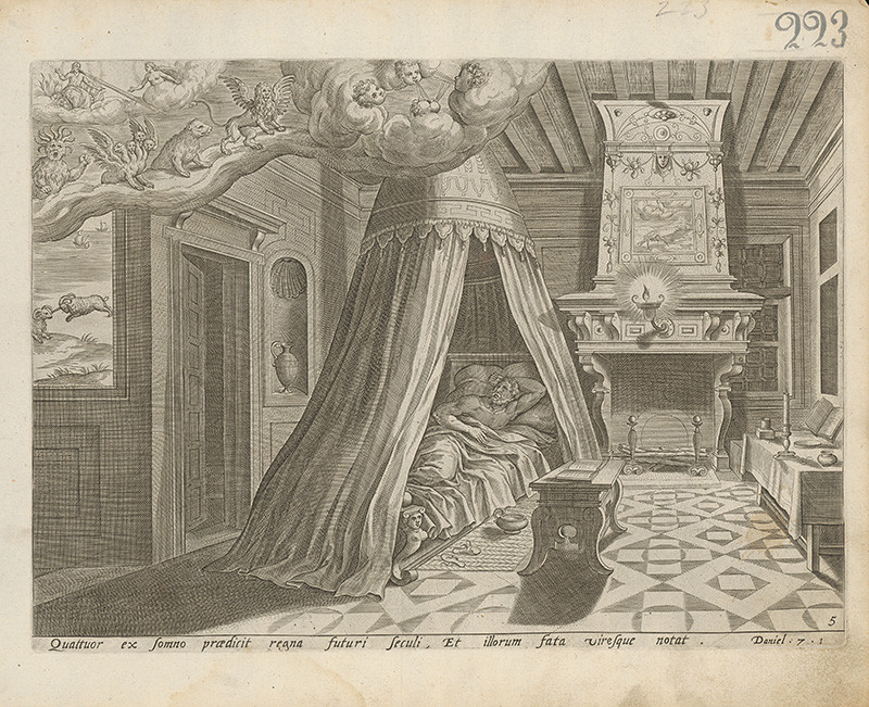 Visscher, Claes Jansz. | Daniel 7. 1. | Displayed motifs: Curtain, Angel, Putto, Furniture, Window, White dove, Building, 