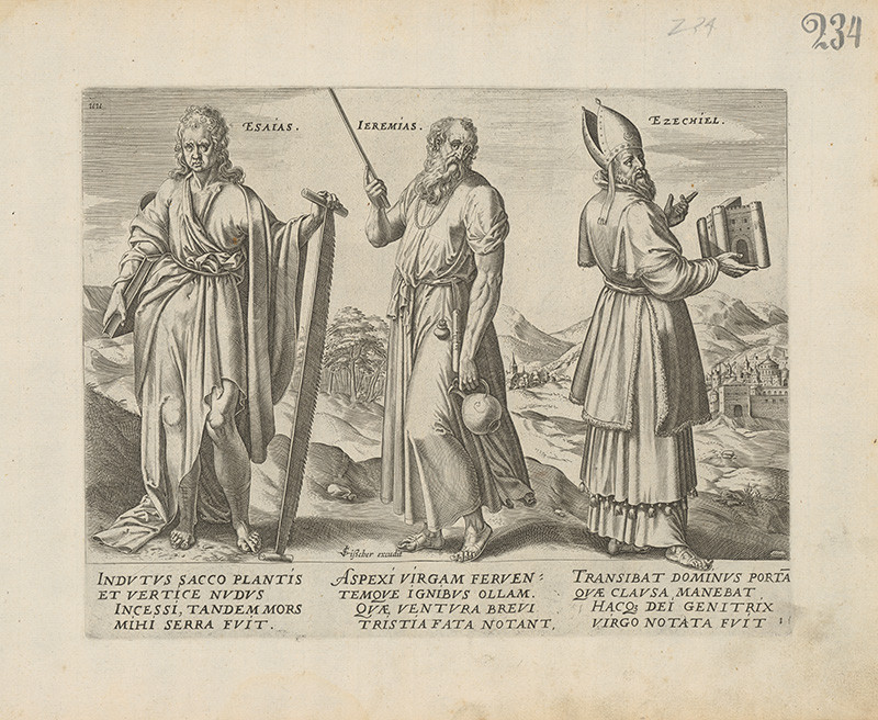 Visscher, Claes Jansz. | Esaias, Jeremias, Ezechiel | Displayed motifs: Miter, Clothing, Man, Woman, White dove, Person, Angel, 