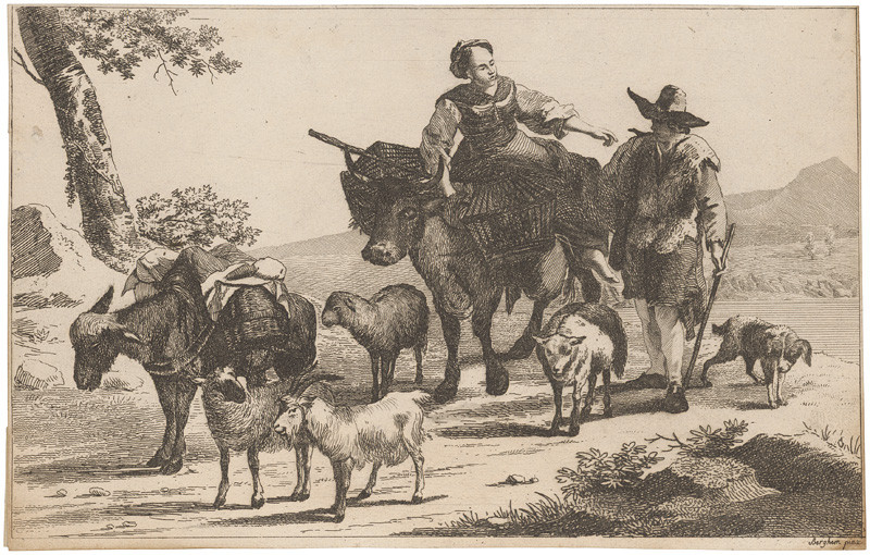 Berchem st., Nicolaes Claes | Sedliacky pár so zvieratami na ceste | Displayed motifs: Goat, Dog, Animal, Tree, Man, Clothing, Mule, 