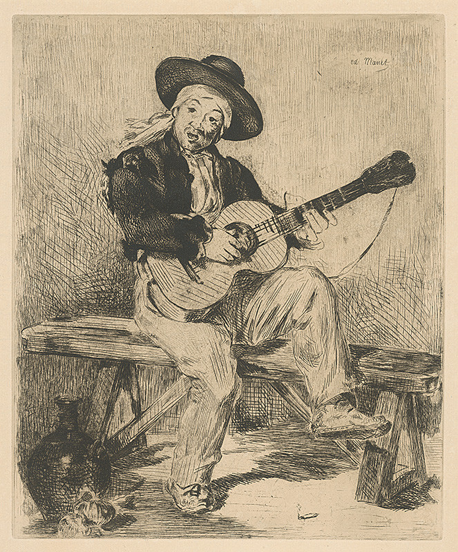 Manet, Edouard | Gitarista | Displayed motifs: Guitar, Halo, Man, Human face, Clothing, Footwear, Hat, 