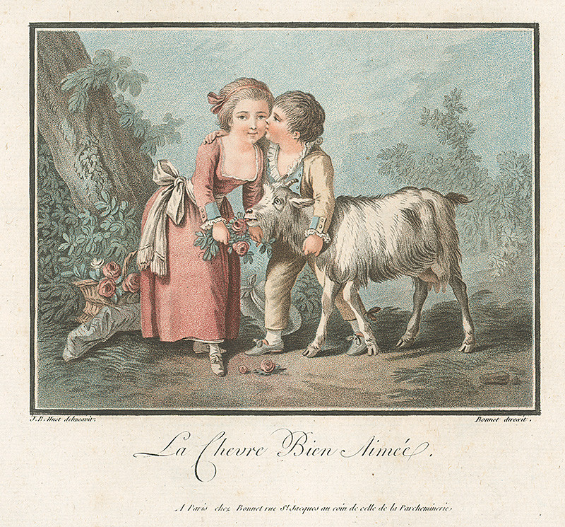 Huet, Jean Baptiste, Bonnet, Louis Marin | Obľúbená kozička ("La Chevre Bien Aimée") | Displayed motifs: Dog, Madonna, Goat, Clothing, Animal, Person, Woman, 