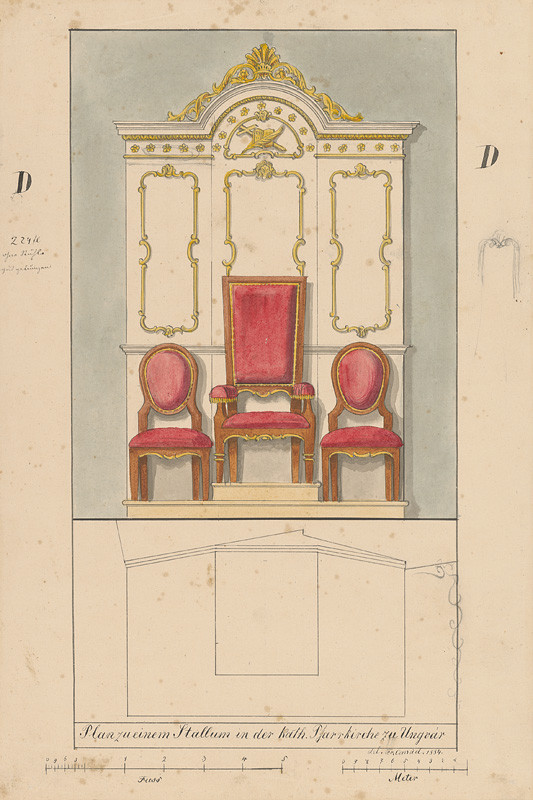 Švestka, Konrád | Návrh na stallum pre farský kostol v Užhorode | Displayed motifs: Chair, Furniture, 