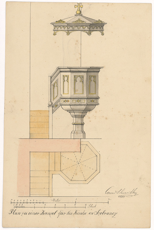 Švestka, Konrád | Plán na kazateľnicu kostola v Sobranciach | Displayed motifs: Lamp, 