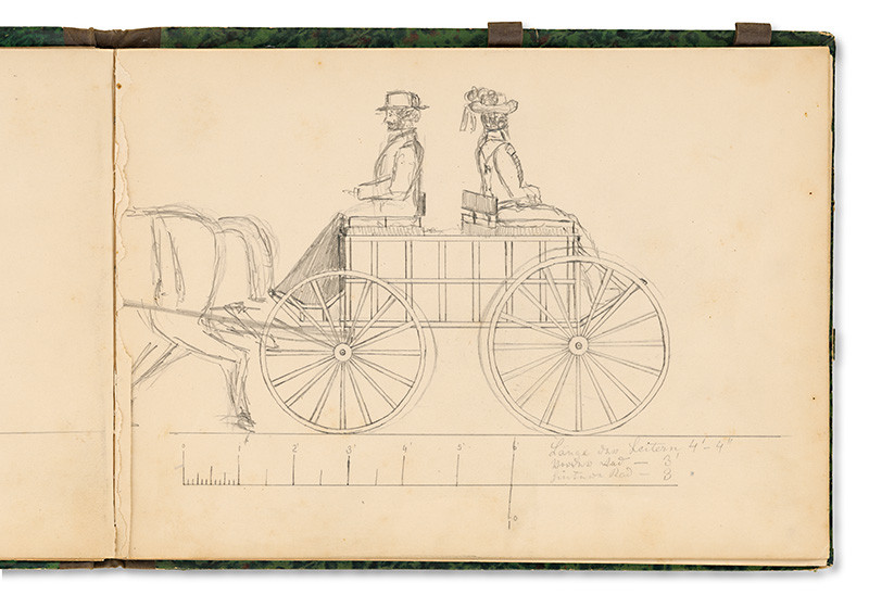 Odescalchi, Július | Náčrt koča  s kočišom a cestujúcim | Displayed motifs: Wheel, Cart, Coat of arms, Person, 