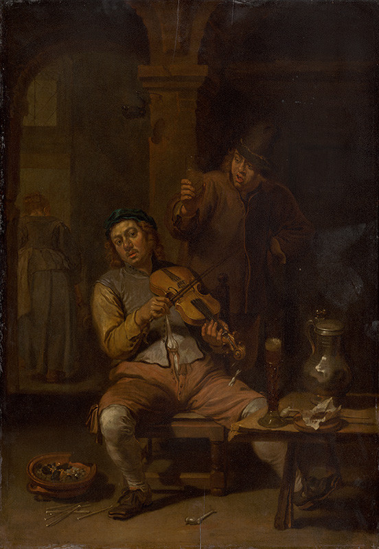 Herp I., Willem van | Potulný huslista | Displayed motifs: Man, Human face, Table, Latin cross, Clothing, Violin, Footwear, 