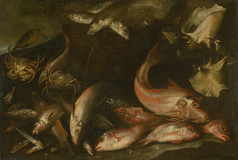 Taliansky maliar, Beyeren, Abraham van | Zátišie s rybami | Displayed motifs: Fish, Bird, Animal, Putto, Angel, 