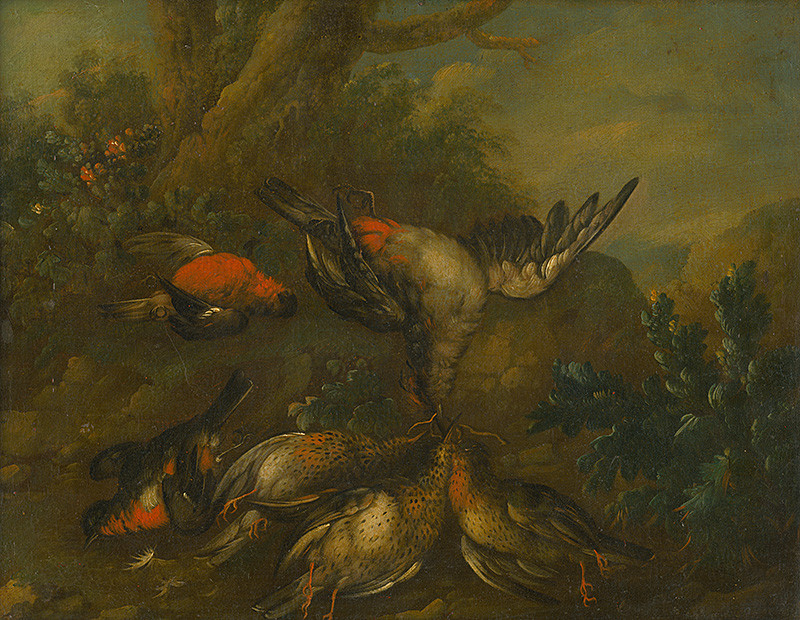 Hamilton, Philip Ferdinand | Zátišie s ulovenými vtákmi | Displayed motifs: Angel, Bird, Animal, Goldfish, Plant, Tree, Fish, 