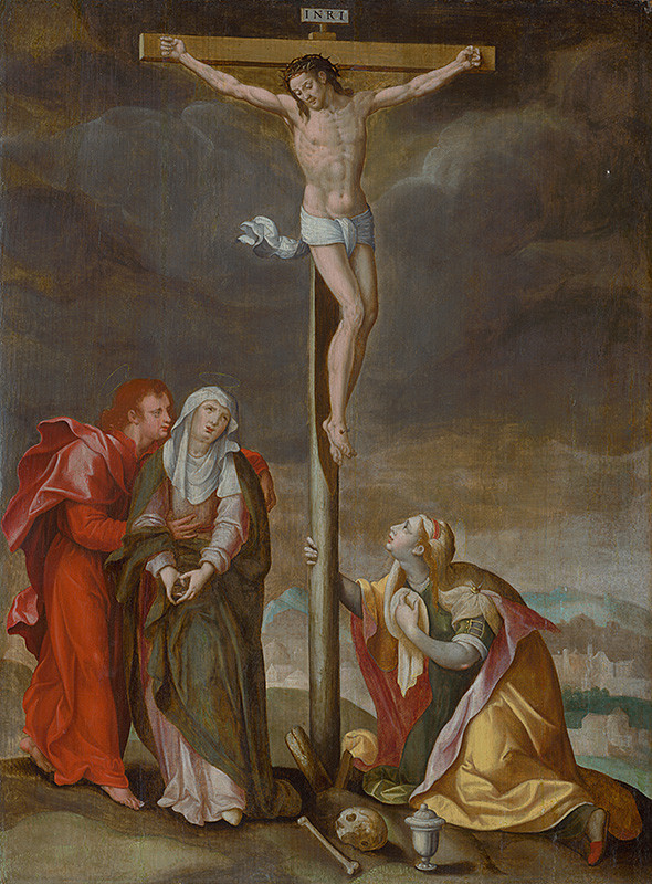 Český maliar zo začiatku 17. storočia - rudolfínsky maliar | Ukrižovanie | Displayed motifs: Wound, Halo, Veil, Crucifixion, Clothing, Thorn crown, Person, 