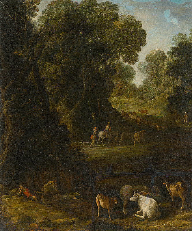 Nemecký maliar okolo roku 1700, Nemecký maliar okolo roku 1700 | Lesný interiér s pocestnými a pastiermi dobytka | Displayed motifs: Cattle, Tree, Animal, Bull, 