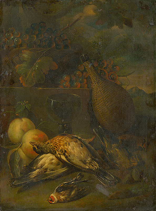 Hamilton, Philip Ferdinand | Zátišie s kvíčalami | Displayed motifs: Sparrow, Animal, Bird, Fruit, Vegetable, Coat of arms, Angel, 