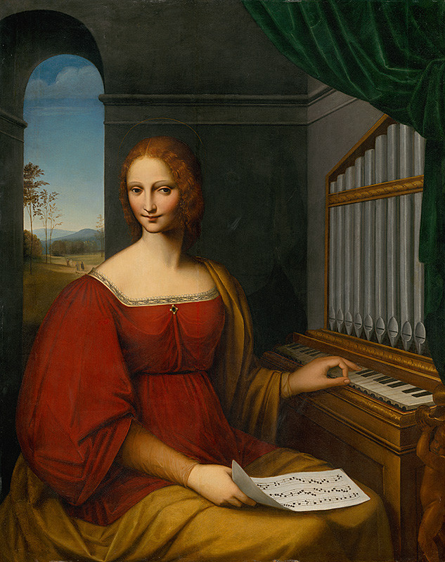 Taliansky maliar | Svätá Cecília | Displayed motifs: Halo, Madonna, Human face, Woman, Clothing, Piano, Organ, 