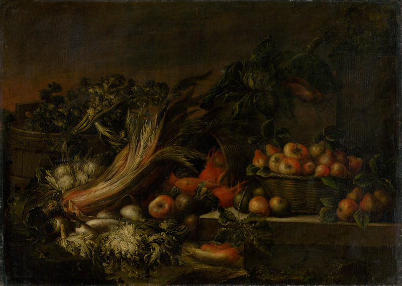 Neapolský maliar zo 17. storočia | Zátišie so zeleninou a ovocím | Displayed motifs: Apple, Vegetable, 