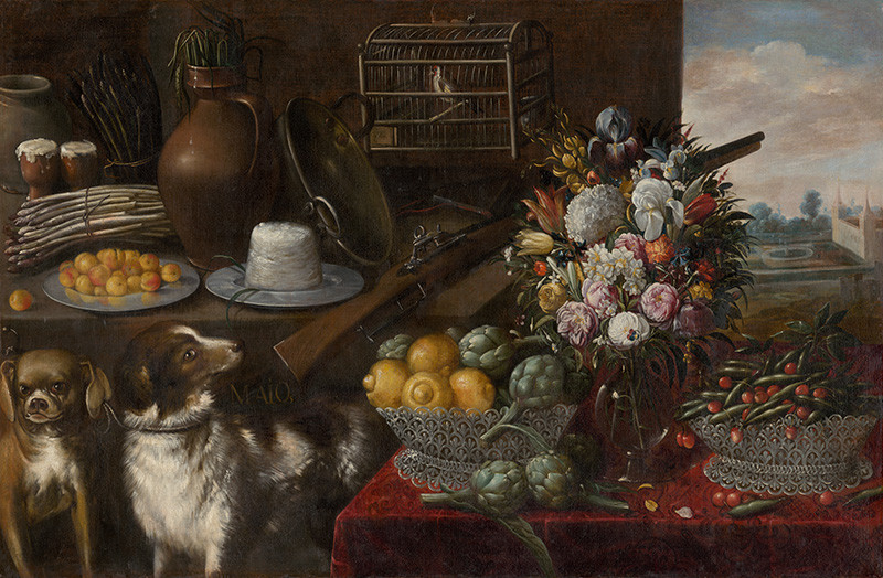 Barrera, Francisco | Alegória mesiaca máj | Displayed motifs: Dog, Carnivore, Vase, Flower, Tree, Jug, Hat, 