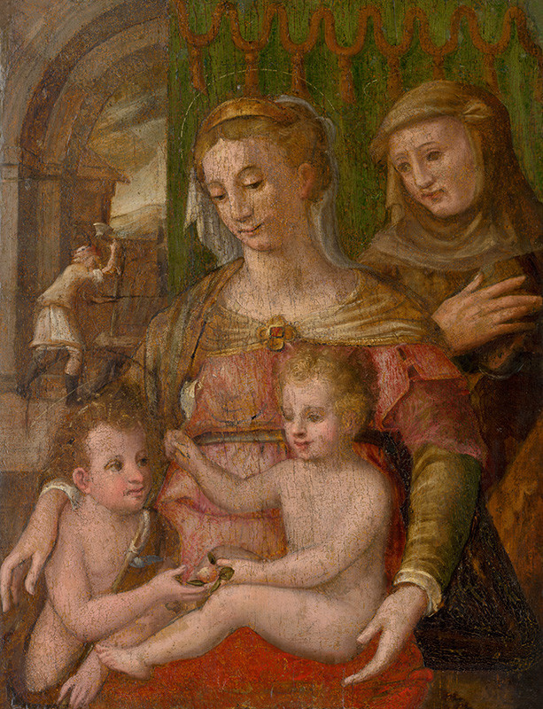 Taliansky maliar zo 16. storočia | Svätá rodina so svätým Františkom a malým Jánom Krstiteľom | Displayed motifs: Halo, Human face, Veil, Boy, Madonna, Woman, Person, 