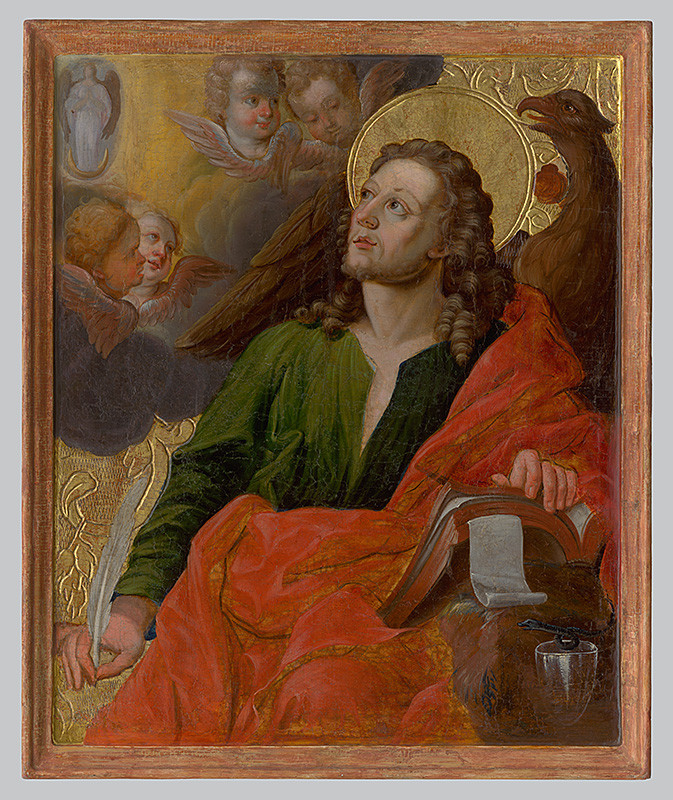 Rombauer, Ján | Svätý Ján Evanjelista | Displayed motifs: Halo, Human face, Chicken, Putto, Clothing, Woman, Person, 