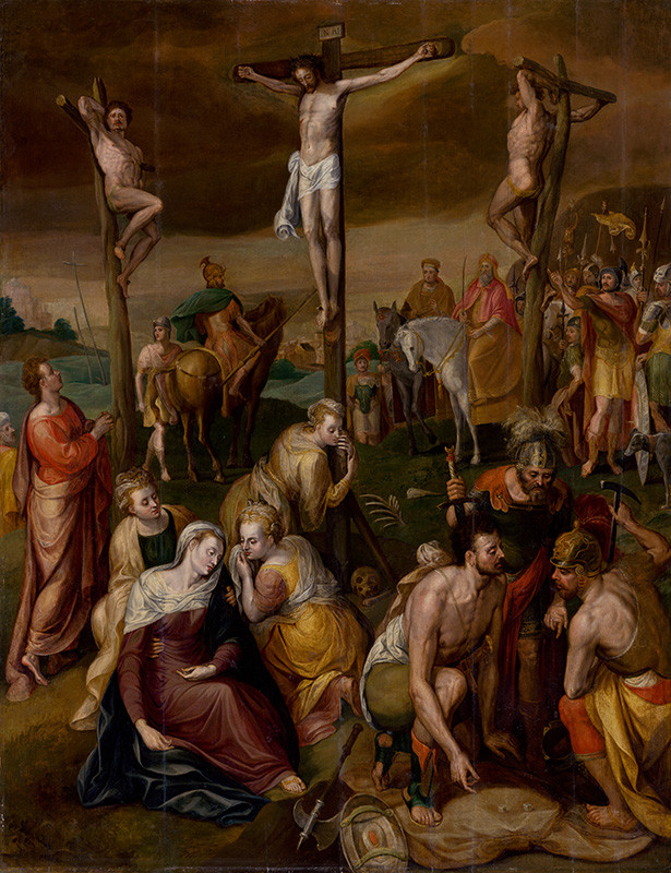 Nizozemský maliar z 3. tretiny 16. storočia, Floris, Frans de Vriendt | Ukrižovanie | Displayed motifs: Veil, Crucifixion, Man, Person, Woman, Halo, Latin cross, 