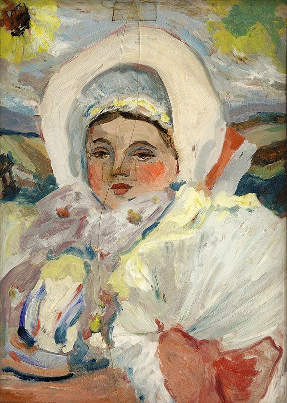 Ilečko, Jozef | Portrét ženy | Displayed motifs: Human face, Flower, Woman, Halo, Clothing, Person, White dove, 
