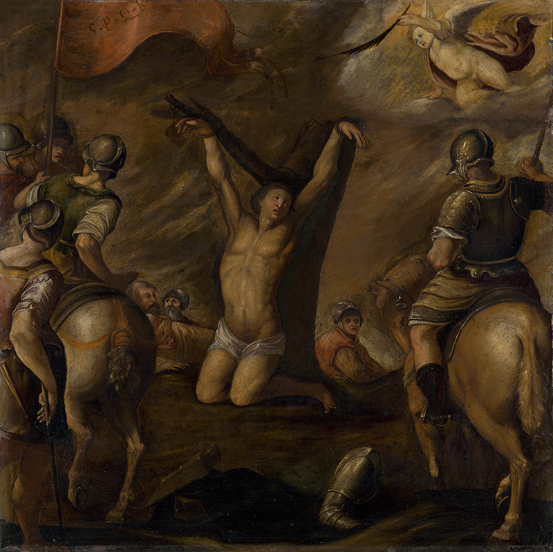 Taliansky maliar zo 17. storočia | Mučenie svätého Sebastiána | Displayed motifs: Putto, Angel, Man, Person, Footwear, Human face, Clothing, 