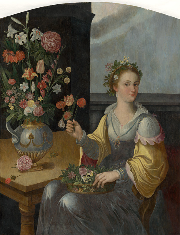 Saive, Jan Baptist, Nizozemský maliar z 1. polovice 17. storočia | Alegória Flóry | Displayed motifs: Rose, Woman, Human face, Flower, Vase, Clothing, Dress, 