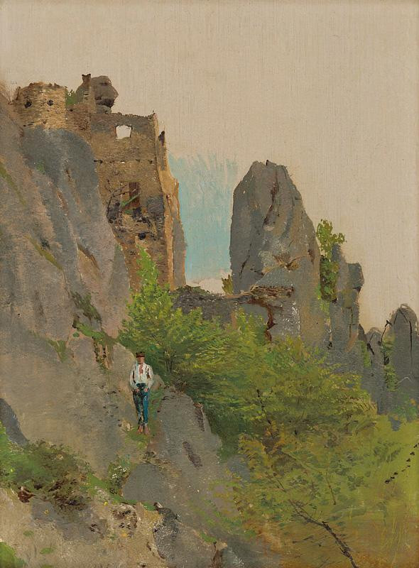 Mednyánszky, Ladislav | Pohľad na Súľovské ruiny | Displayed motifs: Castle, Person, Tree, 