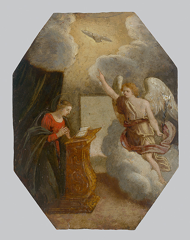 Španielsky maliar zo 17. storočia | Zvestovanie Panny Márie | Displayed motifs: Angel, White dove, Halo, Person, Clothing, Human face, Woman, 