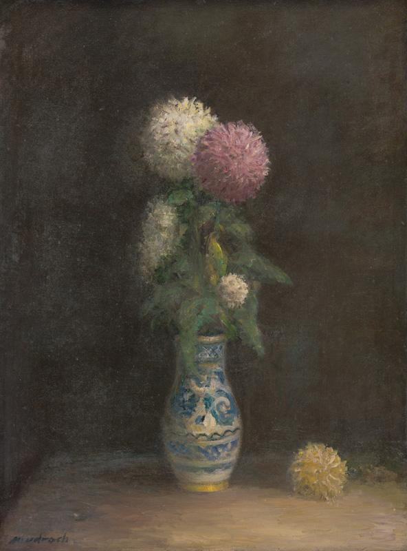 Mudroch, Ján | Chryzantémy v ľudovom krčiažku | Displayed motifs: Vase, Flower, Coat of arms, Plant, Houseplant, 