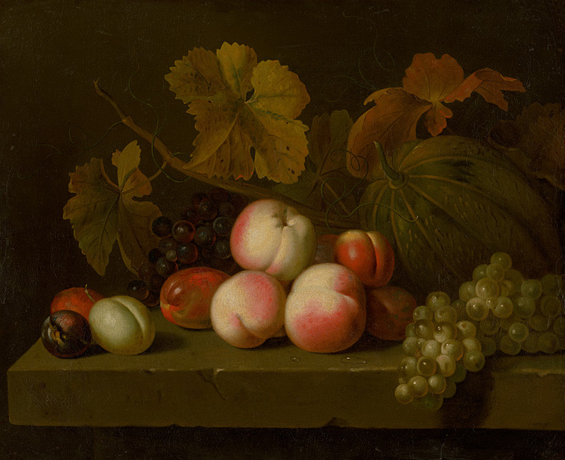 Bogdan, Jakub | Zátišie s broskyňami, hroznom, slivkami a melónom | Displayed motifs: Maple, Apple, Vegetable, Coat of arms, Peach, Fruit, Pumpkin, 